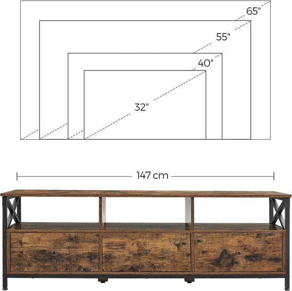 Vasagle TV-Schrank, Lowboard für Fernseher bis zu 65 Zoll, TV-Regal mit 3 Schubladen, 147 x 40 x 50 cm, Industrie-Design, Stahlgestell, vintagebraun-schwarz Bild 7