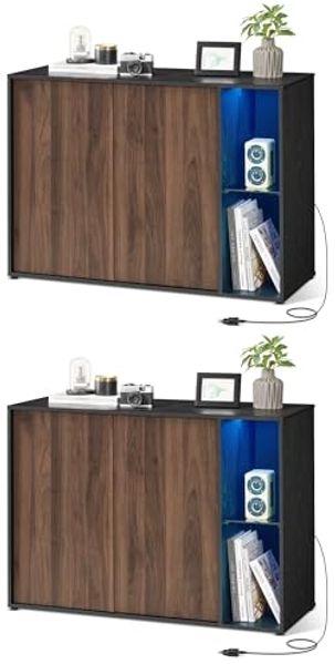 SONGMICS HOME Superschnelle werkzeuglose Montage, Sideboard mit Beleuchtung, 2er Set Aufbewahrungsschrank, TV-Schrank, Glasablage, Toolless-Technologie, von SONGMICS, naturwalnussfarben-ebenholzschwarz BBKDE792B01