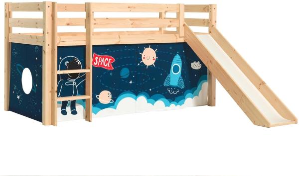 Vipack 'Pino' Halbhochbett 90x200 cm, natur, Kiefer massiv, mit Rutsche und Textilset 'Space Shuttle'