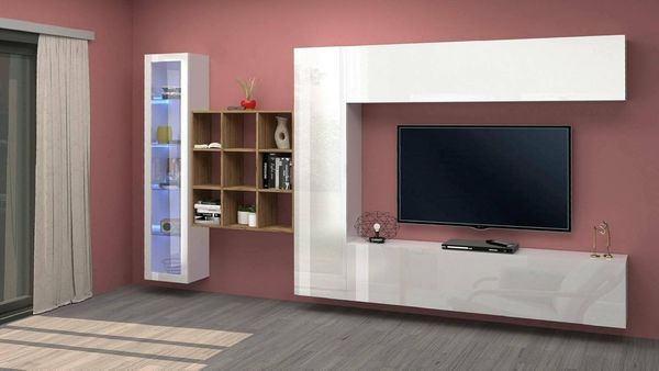Dmora - Ausgestattete Wand Emilio, 4-türiges TV-Ständer-Wohnzimmerset, Mehrzweck-Wohnzimmermöbel mit Vitrine und LED-Licht, 100% Made in Italy, 310 x 30 x 180 cm, glänzendes Weiß und Ahorn,