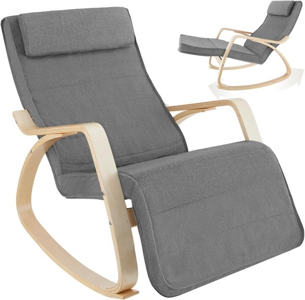 TecTake 800795 Schaukelstuhl aus Birkenholz, Schwingsessel mit 5-Fach Verstellbarer Fußstütze, belastbar bis 150 kg, Relaxsessel für Wohnzimmer, 67 x 86 x 115 cm (Hellgrau)