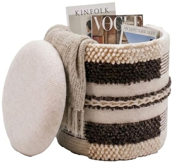 Sitzhocker mit Stauraum aus Wolle 40cm Beige Stoff Rund - Design Boho Stoffhocker mit abnehmbarem Deckel - Polsterhocker Schminktisch Hocker - Beistellhocker für Wohnzimmer Handmade