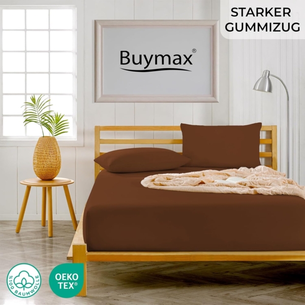 Buymax® Spannbettlaken 180x200 cm Doppelpack 100% Baumwolle Spannbetttuch Bettlaken Jersey, Matratzenhöhe bis 25 cm, Farbe Schokobraun Bild 2
