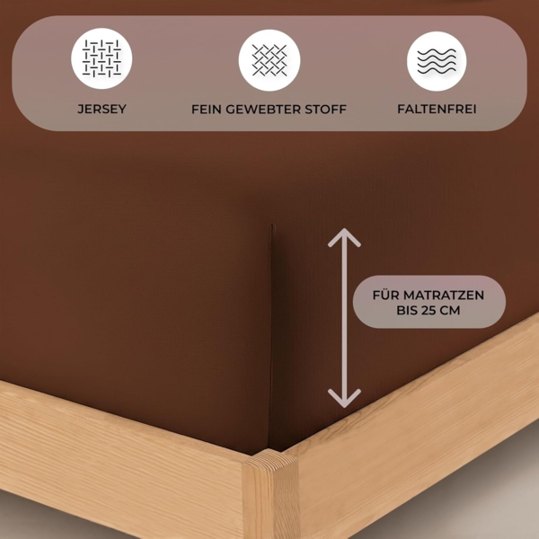 Buymax® Spannbettlaken 180x200 cm Doppelpack 100% Baumwolle Spannbetttuch Bettlaken Jersey, Matratzenhöhe bis 25 cm, Farbe Schokobraun Bild 3