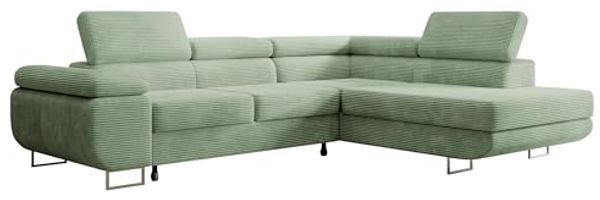 Selsey STEVIL - Ecksofa L-Sofa mit Schlaffunktion, Bettkasten, Ottomane rechts, Cordbezug Salbeigrün Bild 4