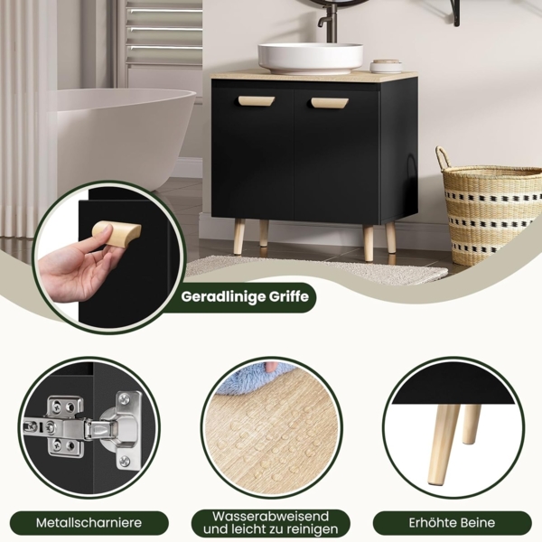 EUGAD Waschbeckenunterschrank Unterschrank Badezimmerschrank Waschtisch Badschrank Beistellschrank mit 2 Türe 60 x 40 x 60,5 cm Schwarz/Natur Bild 6