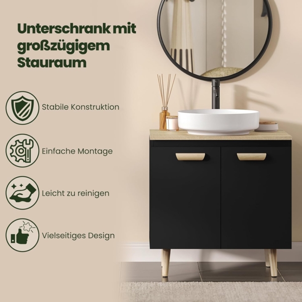 EUGAD Waschbeckenunterschrank Unterschrank Badezimmerschrank Waschtisch Badschrank Beistellschrank mit 2 Türe 60 x 40 x 60,5 cm Schwarz/Natur Bild 5