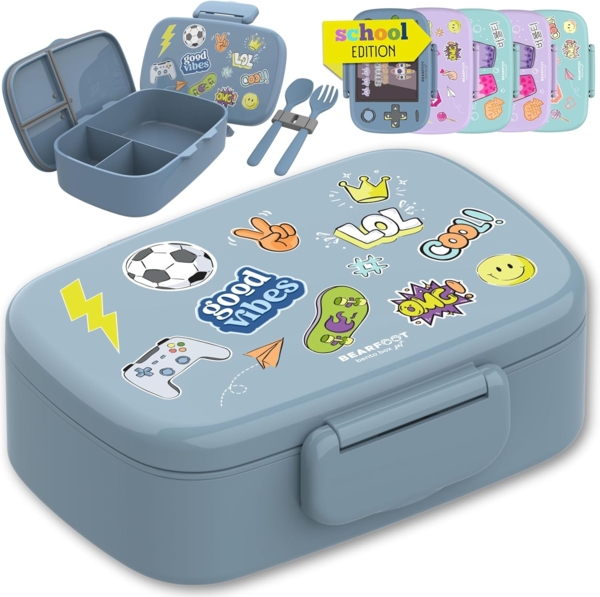 BEARFOOT Lunchbox Brotdose Kinder mit Fächern, auslaufsicher - Sticker, blau, Kindergarten und Schule - Mädchen und Jungen, Vesperbox, Snackbox