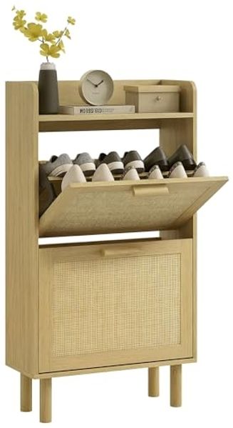 HOMCOM Schuhregal Schuhregal Schrank 2 Türen Klappen 12 Paar, Rattan-Effekt gewebt Boho-Design - Abm. 80L x 24,5l x 110H cm naturfarben