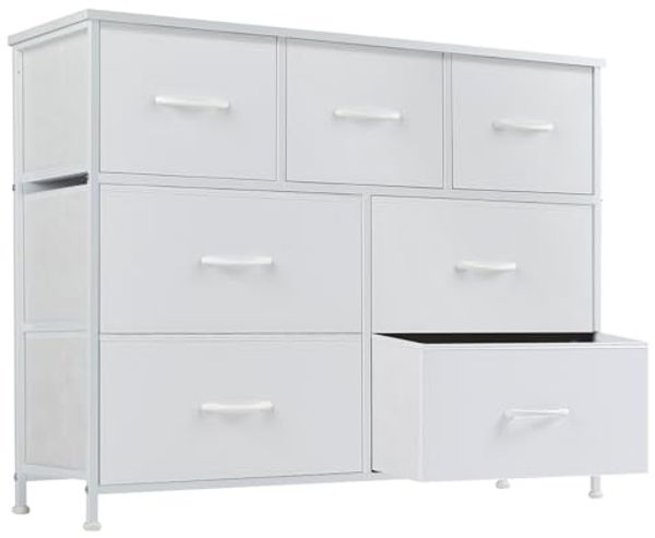 DUMOS Kommode für Schlafzimmer mit 7 Stoffschubladen, hohe Kommode Organizer für Kleidung, Schrank Kinderzimmer, Aufbewahrungsturm mit Schrank, Metallrahmen, Holzplatte, leichte Kinderzimmermöbel