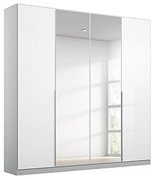 Rauch Möbel Alabama Schrank Kleiderschrank Weiss Hochglanz/Grau mit Spiegel, 4-türig, inkl. Zubehörpaket Premium, 2 Kleiderstangen, 7 Einlegeböden, 2 Schubkästen, BxHxT 181 x 229 x 54 cm