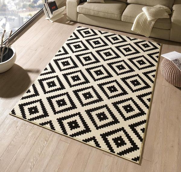 Kurzflor Teppich Raute Schwarz Creme - 80x150x0,9cm