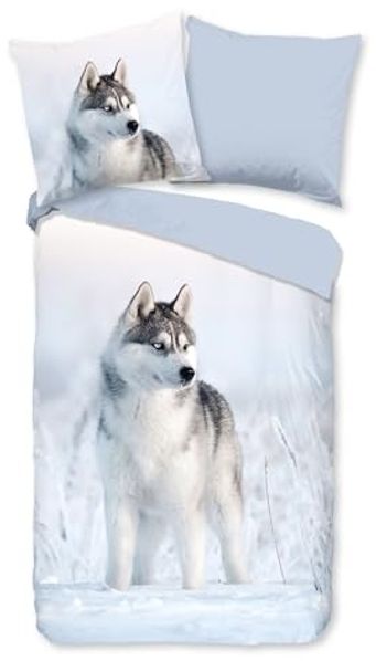 JACK Bettwäsche 135x200cm Arctic Dreams Husky Blue Eyes, Renforcé, 2 teilig, in einer wunderschönen Winterlandschaft
