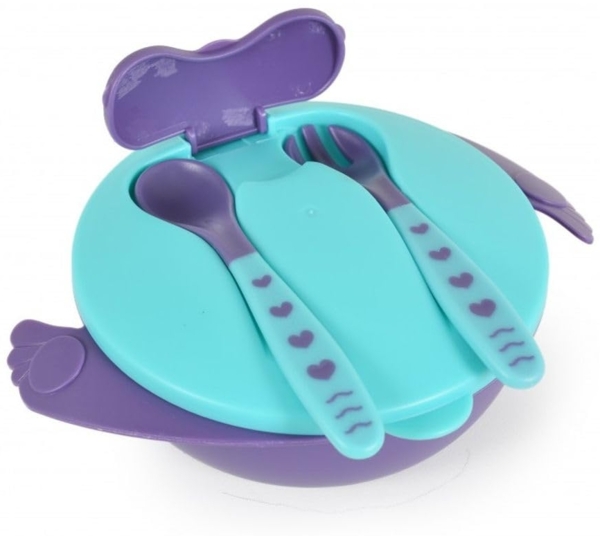 Cangaroo Kindergeschirrset Jelly F1730 rutschfester Boden, Gabel, Löffel, Deckel blau Bild 5
