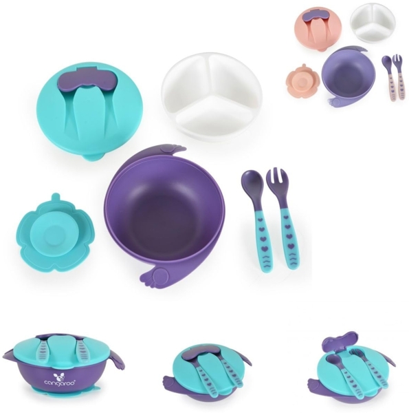 Cangaroo Kindergeschirrset Jelly F1730 rutschfester Boden, Gabel, Löffel, Deckel blau