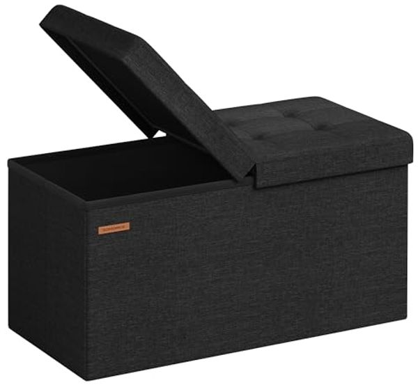 Songmics Sitzbank mit Stauraum, klappbare Sitztruhe, Aufbewahrungsbox, 38 x 76 x 38 cm, Deckel klappbar, bis 300 kg belastbar, für Flur, Wohnzimmer, Schlafzimmer, tintenschwarz LSF046B01