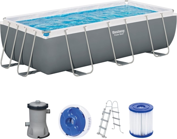 Power Steel™ Frame Pool Set mit Filterpumpe 404 x 201 x 100 cm, grau, eckig