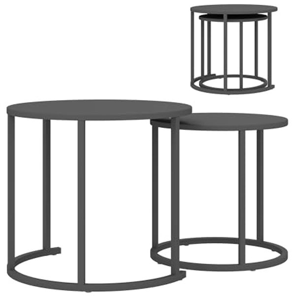 Outsunny Gartentisch aus Stahl, platzsparend (2er Set Beistelltisch, 2-St, stapelbar rund Balkontisch), für Wohnzimmer Büro Outdoor Indoor Dunkelgrau