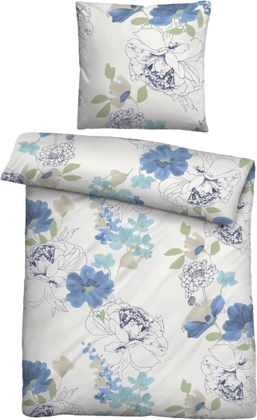 Traumhaft schlafen - Castell - Markenbettwäsche Feinbiber Bettwäsche 0030979 FLOWERPOWER, taubenblau, 1x 155x220 cm + 1x 80x80 cm