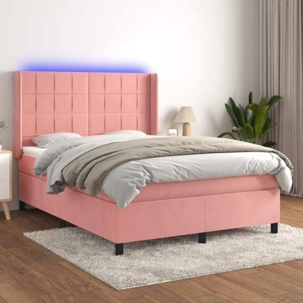 vidaXL Boxspringbett mit Matratze & LED Rosa 140x190 cm Samt 3139564