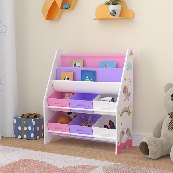 Kinderregal Ponteceso mit 2 Ablagefächern und 6 Faltboxen Einhorn Motiv Lila / Rosa [en. casa]