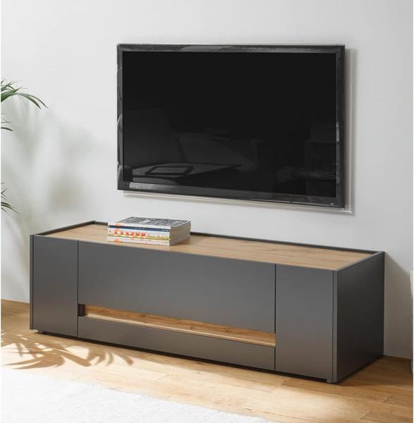 Wohnzimmer TV Lowboard modern CRISP-61 in anthrazit mit Absetzungen in Wotan Eiche Nb, B/H/T: ca. 140/40/45 cm