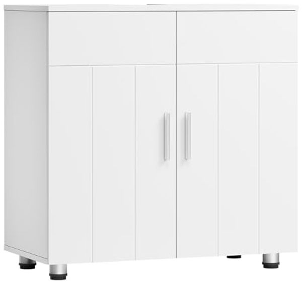 EUGAD Waschbeckenunterschrank,Unterschrank, Waschtischunterschrank, Badezimmerschrank mit 2 Türen,Verstellbarer Trennwand, Metallscharnieren, Landhausstil Weiß 60 x 60 x 30 cm