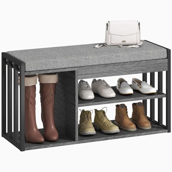 HOMCOM Schuhbank Schuhregal mit Sitzfläche, Stauraum (Flurbank, 1-St, gepolstert Sitzbank), für Wohnzimmer, Flur, 86 x 30 x 45,4 cm, Grau