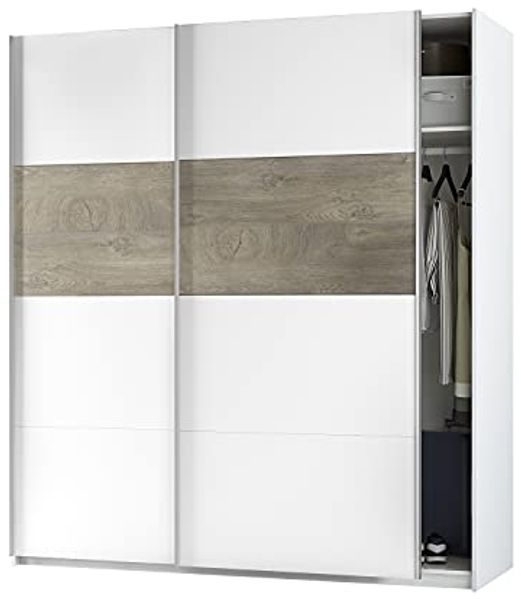 Dmora - Garderobe Elgin, Schlafzimmer Kleiderschrank mit 2 Schiebetüren, Schrank mit Kleiderstange und 3 Einlegeböden, cm 180X60h200, Weiß und Eiche