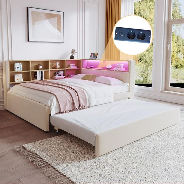 Ball & Cast Schlafsofa (140x200 cm & 90 * 190cm) Tagesbett mit USB-Anschlüssen und Leuchten, Einzelbett mit Mehreren Ablagefächern, Ohne Matratze, Beige