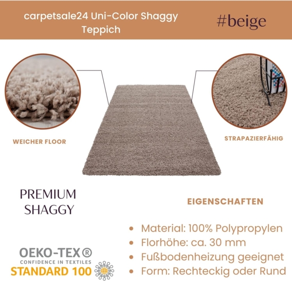 Carpetsale24 Shaggy Hochflor Teppich, 120 cm Rund, Beige, weich, flauschig, modern, einfarbig, Ideal unter Beistelltisch oder im Flur, für Wohnzimmer Schlafzimmer Flur Bild 2
