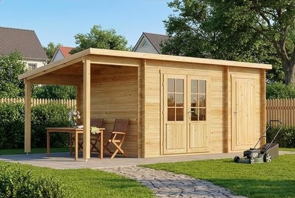 Alpholz Holz Gartenhaus Maria 28 inkl. Anbau | Natur | 279x600x220 cm