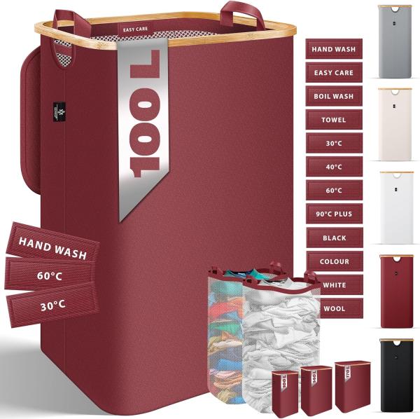 KESSER® Wäschekorb mit Deckel faltbar Wäschebox Wäschetruhe Wäschetonne | Wäschesammler mit herausnehmbaren Wäschesäcke | Laundry Baskets Wäschesortierter inkl. Waschhinweisen Bordeaux Rot, 100 L