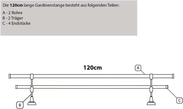 MDEKOR Gardinenstange Vorhangstange 19mm, 2-läufig, 2-läufig Wandmontage, 120 cm Edelstahl Bild 5