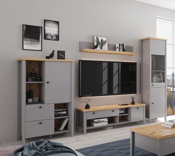 Wohnwand Anbauwand Melini 4-teilig schiefergrau Eiche Delano hell Bild 2