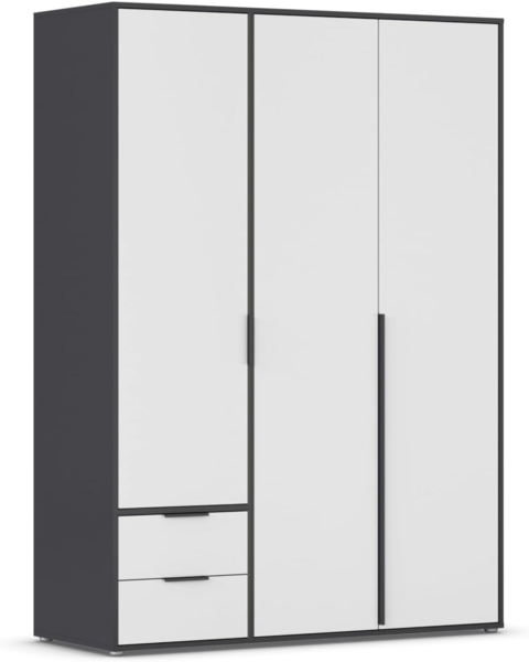 Rauch Möbel Nagata, Drehtürenschrank, Kleiderschrank, Kleiderschränke, Garderobe, 3-türig, 2 Schubladen, Farbe Weiß/Grau metallic, Schwarz, 140 x 194 x 53 cm