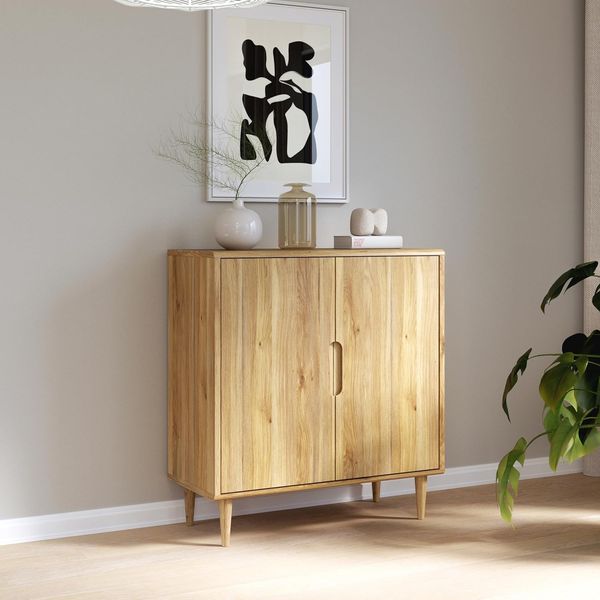 Forte Sherbrooke, einfache Montage Dank EasyKlix Kommode 90 100, Holzdekor: Mauvella Eiche, hohe Holzfüße, Sideboard 2 Türen, Mid Century Stil, 95 cm breit x 102 cm hoch x 43 cm tief