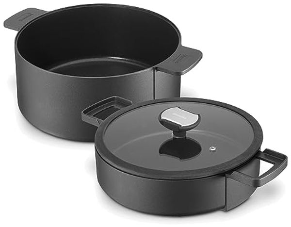 Berndes b. double Multifunktionales Bräter-Set, 3-tlg, Kochtopf mit Glasdeckel, Servierpfanne, Antihaftversiegelung, Aluminiumguss, Schwarz, 035100