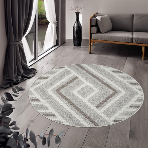 Teppich Rund - 120x120 cm - Beige Braun Grau - Boho-Style - Modern Geo Muster - Flachflor Wohnteppich Schlafzimmer Deko