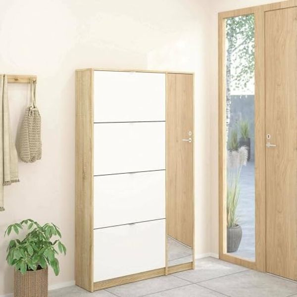 Dmora Schuhschrank mit Vier Türen, mit Spiegel, Farbe Eiche, 99 x 17 x 240 cm