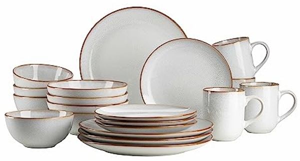 MÄSER Mabella, Vintage Geschirr-Set für 4 Personen, 20-teiliges Kombiservice mit raffinierter Reaktivglasur und feinem braunem Rand, Steinzeug, grau-beige