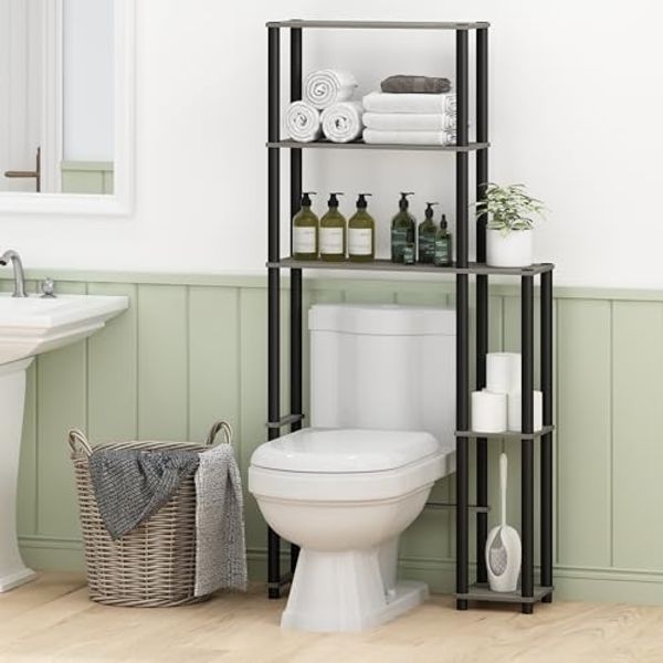 Furinno Turn-N-Tube Über-Toilette Aufbewahrungsregal, 5-Boden Über-Toilette-Organizer, freistehende platzsparende Regale, für Badezimmer, Grau-Eiche