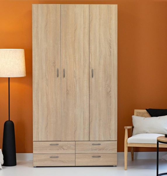 Dmora - Kleiderschrank 3 Türen Kinsale, Schlafzimmermöbel, Schrank, Garderobe, 111x52 h214 cm, Eiche Bild 1