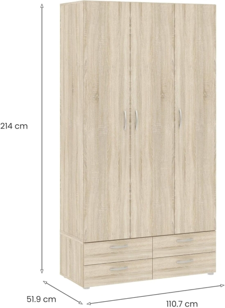 Dmora - Kleiderschrank 3 Türen Kinsale, Schlafzimmermöbel, Schrank, Garderobe, 111x52 h214 cm, Eiche Bild 3