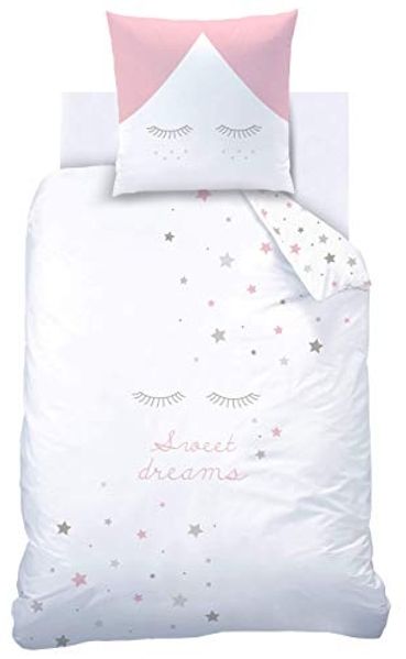 MTOnlinehandel Bettwäsche Sweet Dreams 135x200 + 80x80 cm, 100 % Baumwolle, Renforcé, 2 teilig, Sterne, Wimpern Bettwäsche in rosa & grau für Kinder und Erwachsene