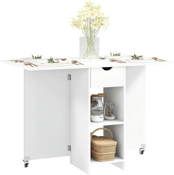 HOMCOM Klapptisch für 2-4 Personen mit Offenen Ablagen, 1 Schublade (Set, 1-St, Klappbarer Esstisch), für Kleine Räume, Esszimmer 114,5 x 70 x 75 cm, Weiß