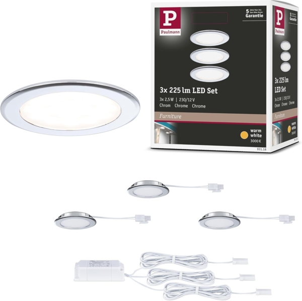 Paulmann 93118 LED Möbeleinbauleuchten 3er Set 3000K Chrom