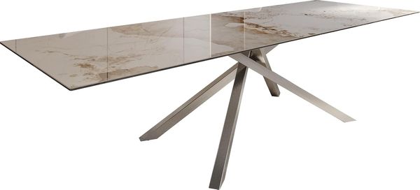 Esstisch Edge 300x100 Keramik Minas Melange Weiß-Beige Kreuzgestell Rechteck Edelstahl