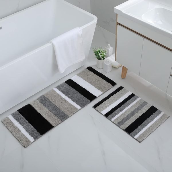 Homaxy rutschfest Badematten Set 2 teilig Mikrofaser Saugfähige Badteppich Set Weich Hochflor Badvorleger Set – 40x60 cm + 40x120 cm, Schwarz/Grau