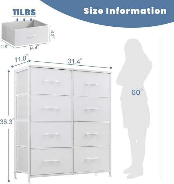 DUMOS Kommode für Schlafzimmer mit 8 Stoffschubladen, hohe Kommode Organizer für Kleidung, Schrank Kinderzimmer, Aufbewahrungsturm mit Schrank, Metallrahmen, Holzplatte, leichte Kinderzimmermöbel Bild 3